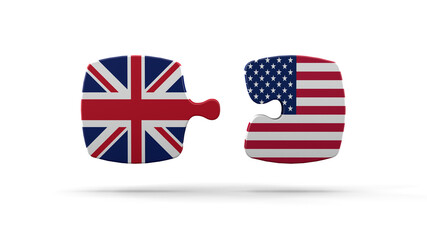  3D rendering. Puzzles with flags of Great Britain and the USA. Composite figures. The principle of connection. 3D illustration.
