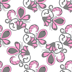 Seamless pattern with hand drawn abstract flowers and butterflies. White background. Nature digital paper.