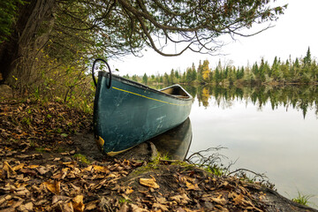 A canoe on the Madawaska River on a fall day in Eastern Ontario, Canada