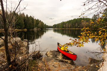 A canoe on the Madawaska River on a fall day in Eastern Ontario, Canada