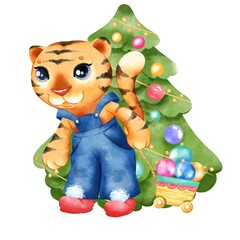 Digital watercolor cute tiger. The symbol of the new year. Cute animal 