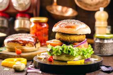 vegetarian burger, is a meatless sandwich made from corn, potatoes, textured soy protein, pulses, tofu, mushrooms, cereals
