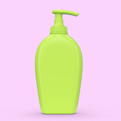 Green sunscreens bottle or sunblock cream tube isolated on pink background.