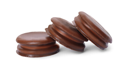 Delicious choco pies on white background. Classic snack cakes