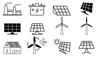 Set of energy types related vector line icons. Contains such Icons as, Solar Panel, Solar Power, Wind Power Station, Renewable Energy. Vector illustration. Editable Stroke