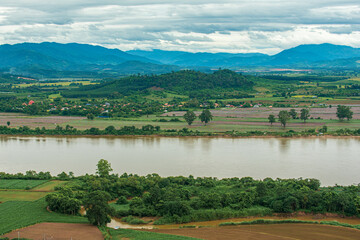 Wat Phra That Pha Ngao along with the Mekong River Chiang Saen District, Thailand Golden Triangle Viewpoint is the border of three countries, Thailand, Laos, and Myanmar.