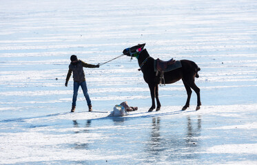 Kars - Turkey - March 6, 2018: Sleigh pulled by a horse in lake frozen Cildir. Traditional Turkish winter fun. Cildir Lake , Kars , Turkey