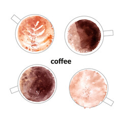 Set of watercolor coffee cups, top view, cappuccino, latte, espresso, mocha
