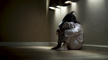 Squat single child sit near window, sad lonely in dark night indoor, crying, bad mood, offended, consoles,  concept of unhappy childhood, life together