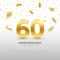 60th anniversary celebration with gold glitter color and white background. Vector design for celebrations, invitation cards and greeting cards.