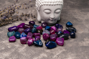 Feng Shui altar at home in living room. Attracting wealth, prosperity concept. Crystal clusters....