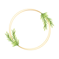 Round gold frame with watercolor coniferous branches. Vector illustration.