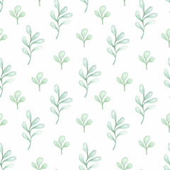 Watercolor pattern with green twigs on a white background. Vector seamless pattern.