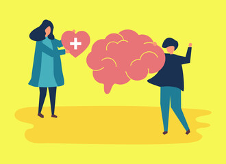 Vector illustration of a couple giving love and health support with the concept of health, mentality, brain nerves. Posters, advertisements, campaigns about love, care, and health in yellow minimalist