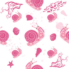 Snail pink, sea inhabitants seamless pattern, beautiful character among seashells, seaweed, starfish