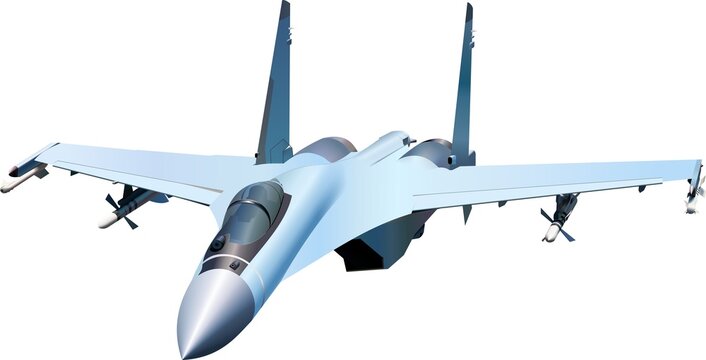 Russian multipurpose super maneuverable fighter with a controlled thrust vector on a white background. Vector image.