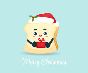 Cute bread holding gift with santa hat for merry christmas illustration Premium Vector