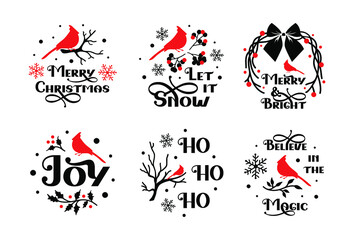 Christmas ornament with cardinal birds. Merry Christmas. Circle ornament decoration.