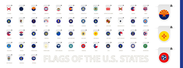 Collection of label flags of the US states, USA state flags sorted by continent.