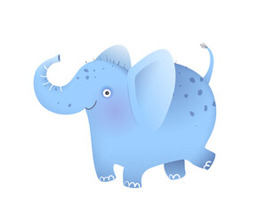 Elephant funny and cute animal for kids and children, amusing design. Happy elephant isolated clipart, funny animal cartoon for kids. Vector illustration in watercolor style.