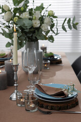 Festive table setting with beautiful tableware and decor indoors