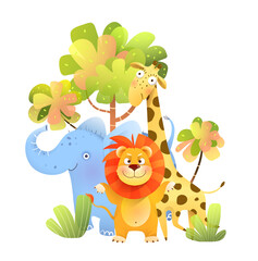 Animals safari amusing illustration for children. Kids characters cartoon in Africa, lion elephant and giraffe funny zoo. Vector illustration in watercolor style. © Popmarleo