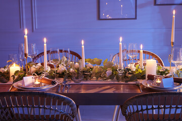 Festive table setting with beautiful tableware and decor indoors