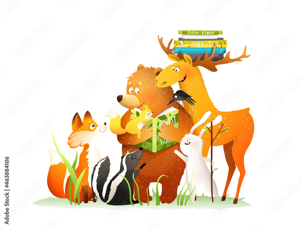 Wall mural Bear reading a book story or fairy tale to forest animals as deer rabbit fox, baby squirrel and skunk. Vector fantasy illustration for children in watercolor style.