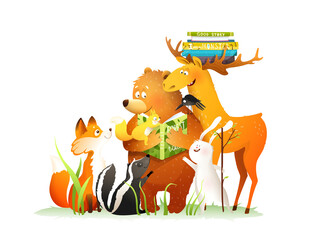 Bear reading a book story or fairy tale to forest animals as deer rabbit fox, baby squirrel and skunk. Vector fantasy illustration for children in watercolor style.