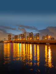 City of Miami Florida, sunset panorama with business and residential buildings and bridge on Biscayne Bay. Skyline night view.