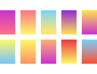 Gradient color vector background set. Colour pink, yellow, blue, purple, orange, red matt gradients. Bright modern ux, ui design. Abstract backgrounds.