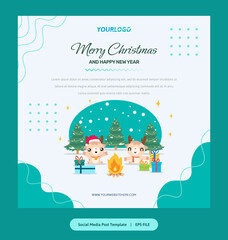Flat Illustration, Post Template with reindeer, christmas tree and gifts