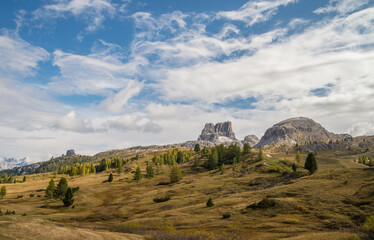 Scenic landscape of Dolomites in Italy during autumn time