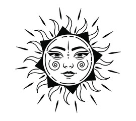 Boho sun. Solar sign. Alchemy and astrology symbol. Monochrome celestial print. Vector illustration.