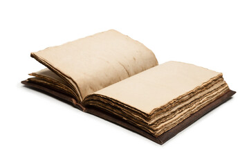 An open empty old notebook isolated on a white background.