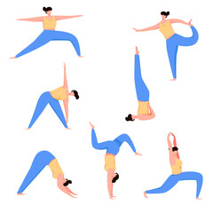 Woman doing yoga cartoon vector illustration set. Female character doing fitness, stretch exercises, pilates, relaxing and meditating. Sport, health lifestyle concept
