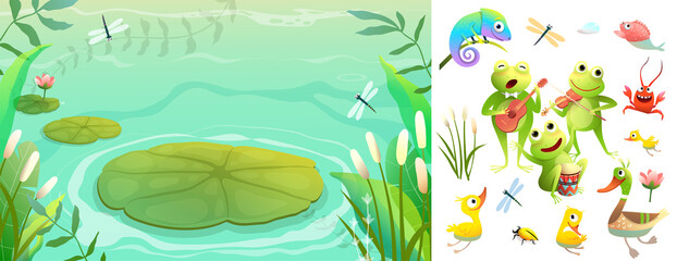 Swamp lake or pond scenery landscape with frogs, ducks and other animals playing musical instruments isolated on white. Vector cartoon illustration in watercolor style. © Popmarleo