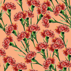 Seamless pattern with red flowers on orange background.