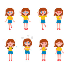 Cartoon vector illustration set of cute little girl face emotions and expressions. Kid character expressing sadness, anger, happiness, surprise, shock, love. Different feelings and mood concept