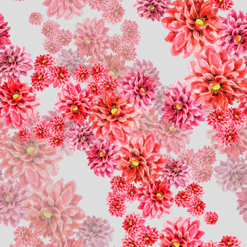 Watercolor  red flowers on gray background. Floral seamless pattern.