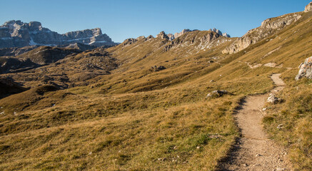 Scenic landscape of Dolomites in Italy during autumn time
