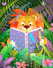 Lion reading a book story or fairy tale in tropical forest, cute baby animal studying in jungle. Vector lion cub fantasy illustration for children in watercolor style.