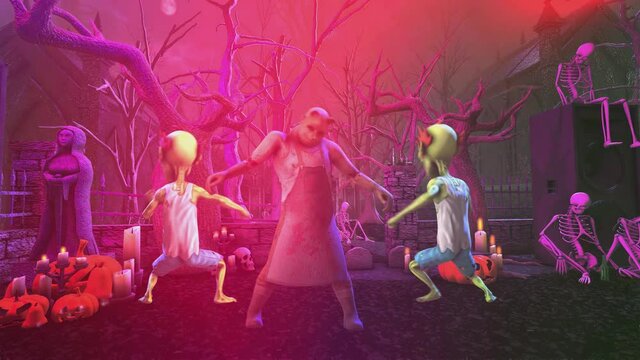 Seamless animation of butcher psycho killer dancing thriller with zombies in a cemetery. Funny party with disco light Halloween background. 