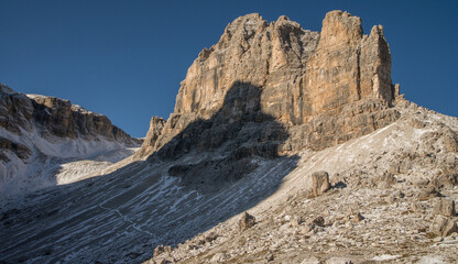 Scenic landscape of Dolomites in Italy during autumn time