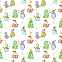 Obraz premium watercolor pattern, hand-drawn christmas snowmen decorate the christmas tree, rejoice at christmas and sled the little snowman