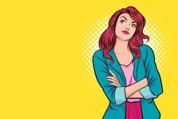 woman  crossed arms look empty space