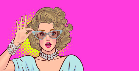 woman surprised in glasses look wow somthing retro pop art style