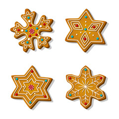 Christmas cookies gingerbread in shape of star and snowflake with icing in a cartoon style. Festive sweet cookies on white background. Homemade dessert. Vector illustration