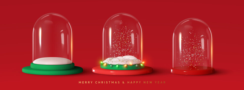 Set of Glass snow globe Christmas decorative design. Podium under transparent glass dome with white snowdrift, and glow garland. Xmas red round scene. Red and white Studio. Stand for Promotion Product