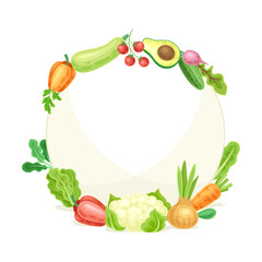 Bright Round Vegetable Frame with Ripe and Fresh Garden Cultivar Vector Illustration